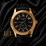 Moon Phase Yellow Gold Watch with Black Dial and Leather Strap