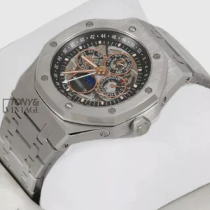 Perpetual Calendar Silver Black Skeleton Dial Automatic Watch