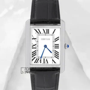 Rectangular Silver Case Watch With White Dial & Black Leather Strap
