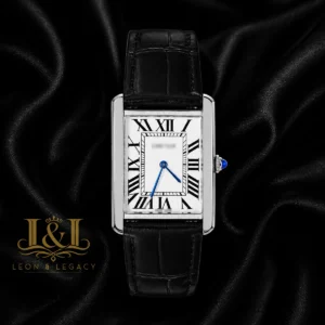 Rectangular Silver Case Watch With White Dial & Black Leather Strap