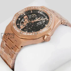 Rose Gold Black Skeleton Dial Stone Bezel