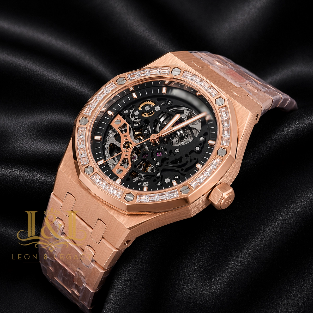 Rose Gold Black Skeleton Dial Stone Bezel 1 copy