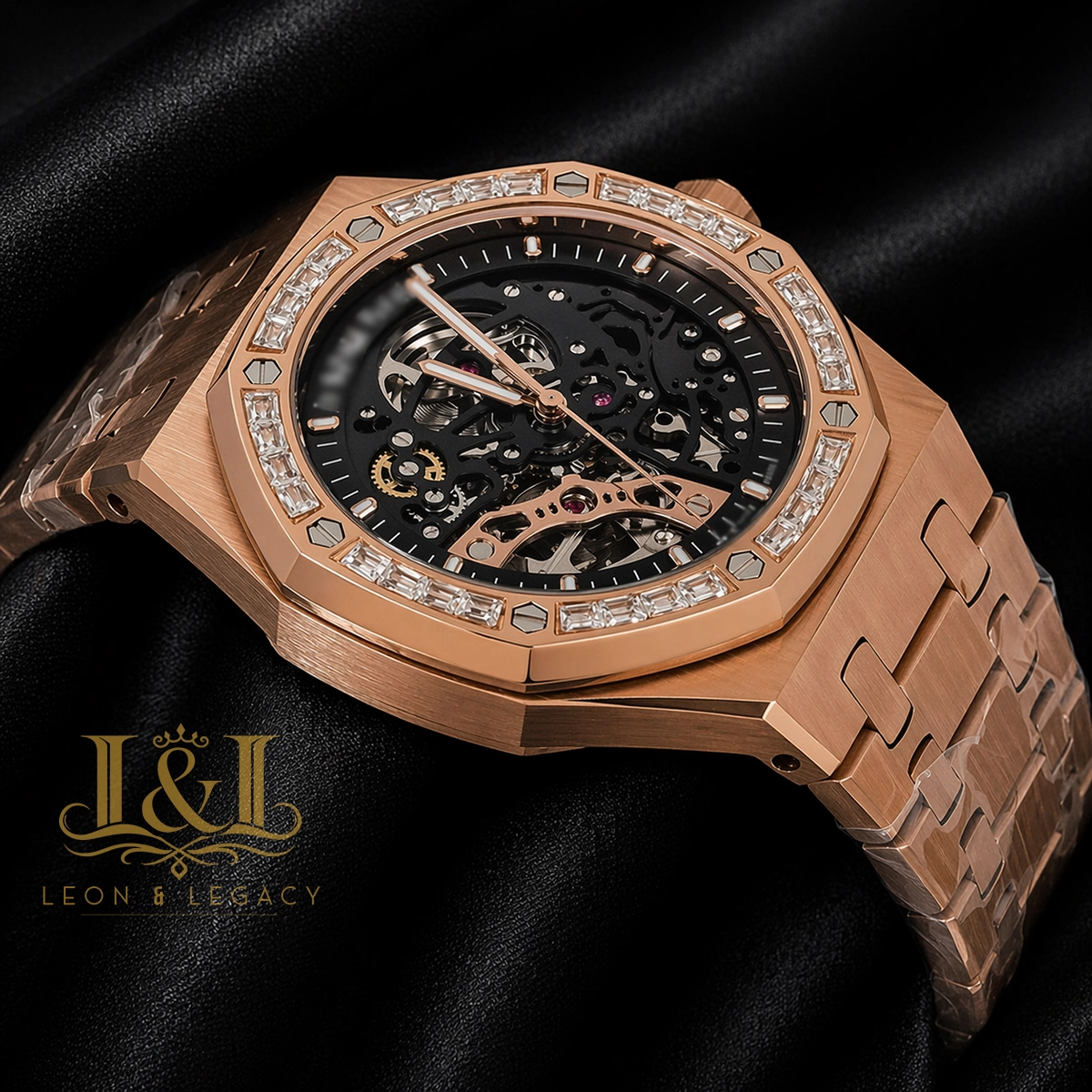 Rose Gold Black Skeleton Dial Stone Bezel