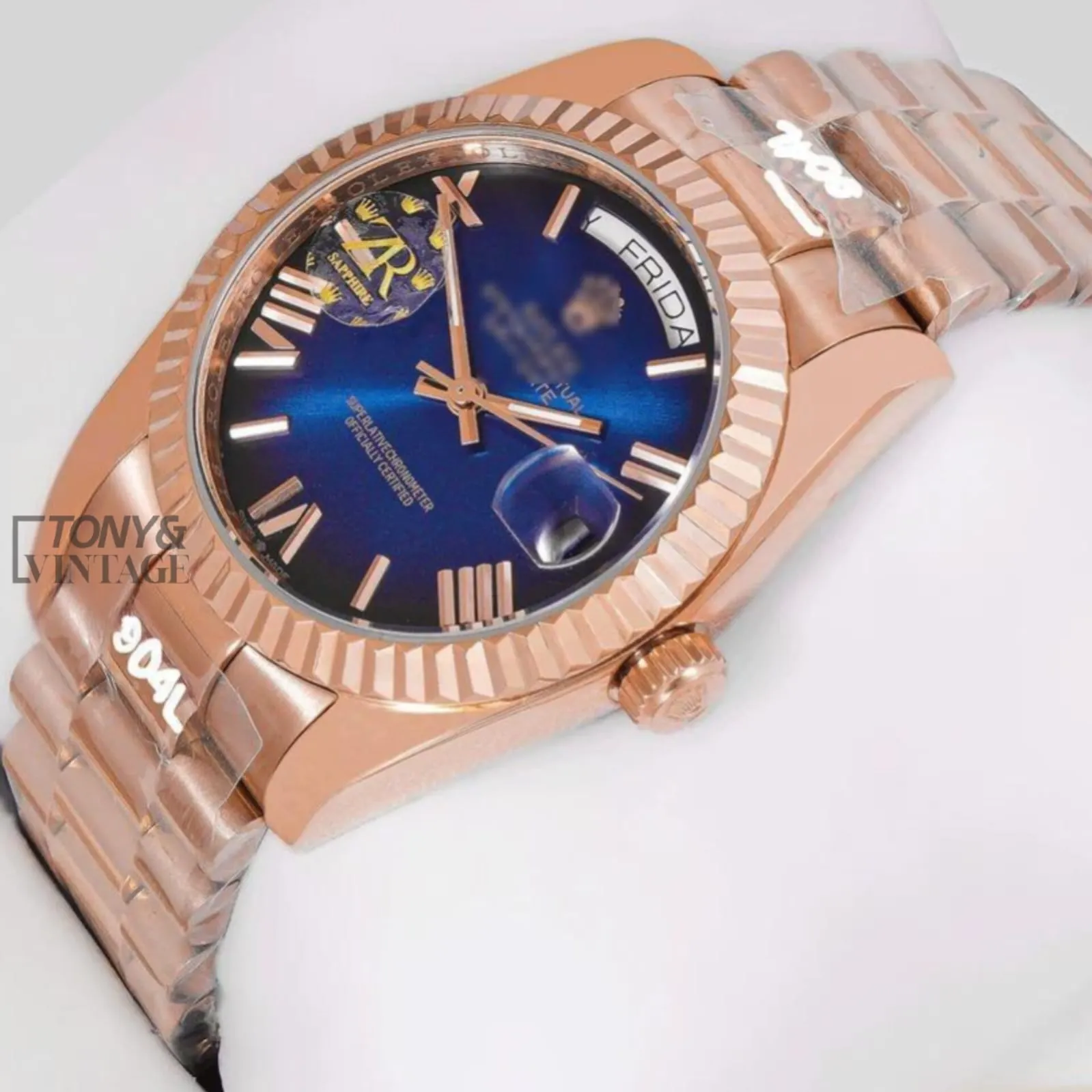 Rose Gold Blue Dial Fluted Bezel