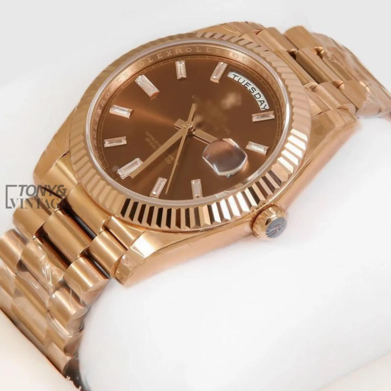Rose Gold Brown Dial & Stone Numeral Automatic Watch