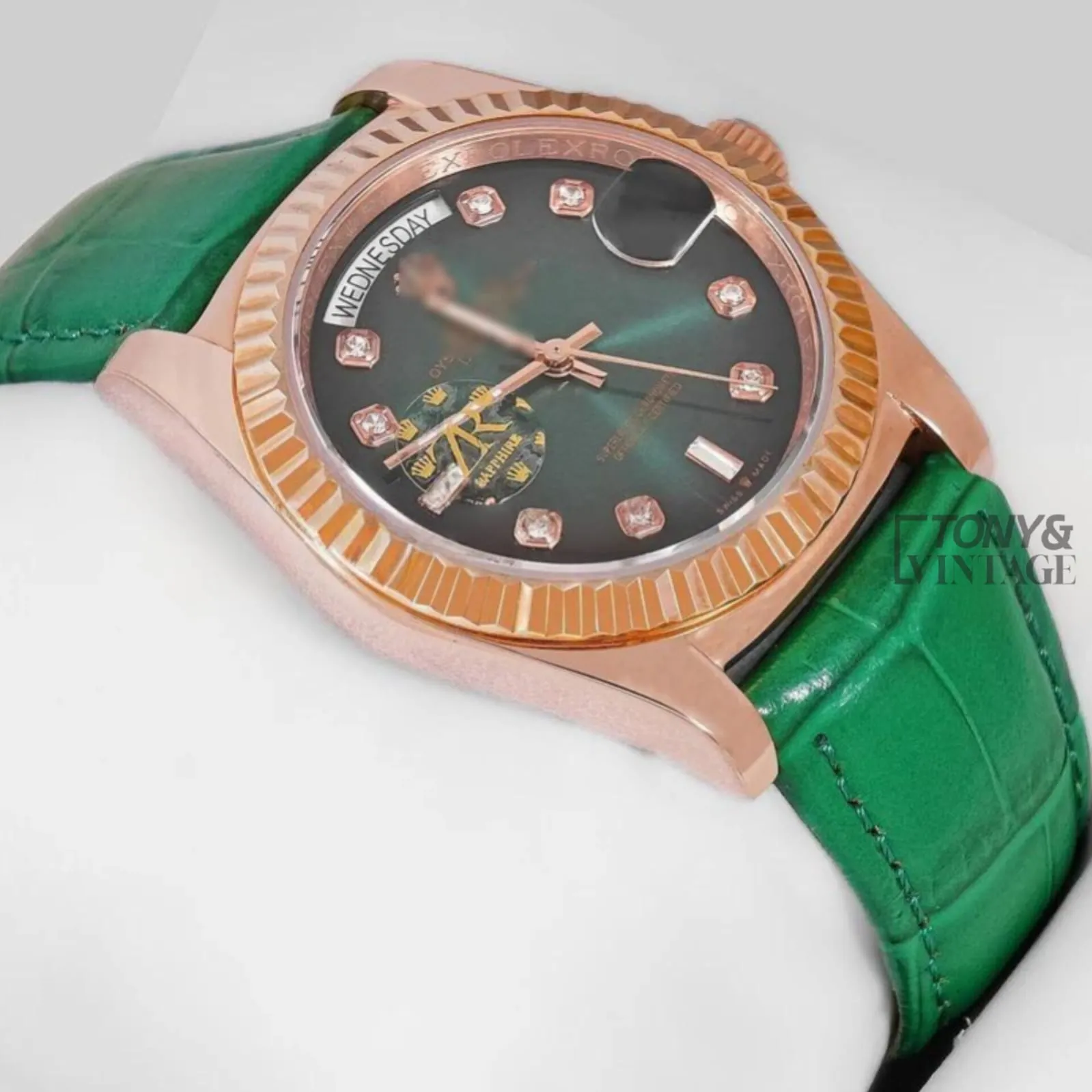 Rose Gold Case Green Dial & Leather Strap Automatic Watch