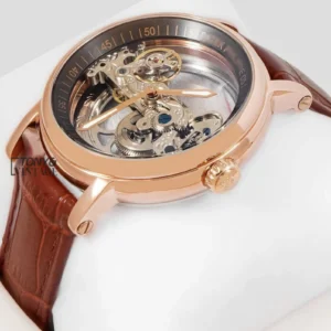 Rose Gold Case Skeleton Dial Brown Leather Strap