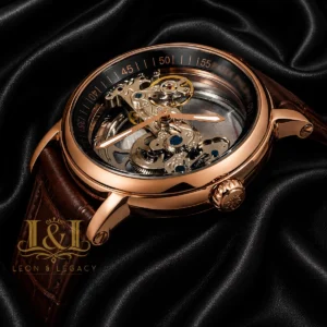 Rose Gold Case Skeleton Dial Brown Leather Strap