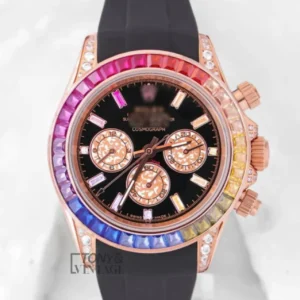 Rose Gold Case Watch with Black Dial and Rainbow Stone Bezel