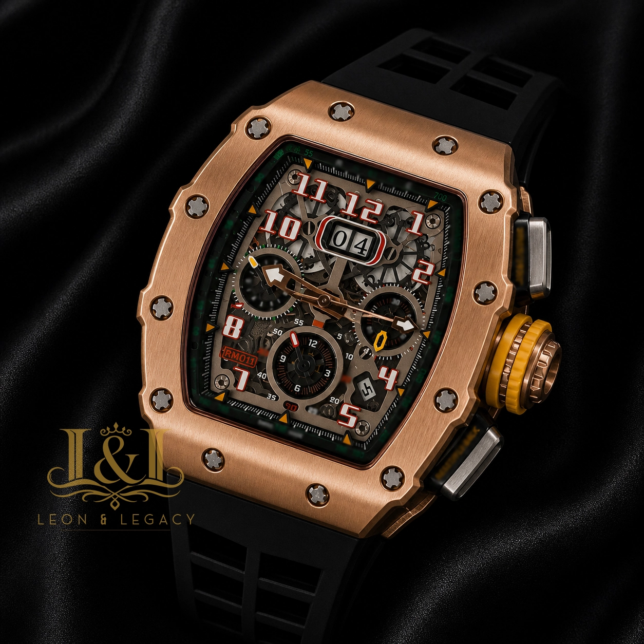 Rose Gold Chronograph Automatic Watch With Black Rubber Strap 1 copy