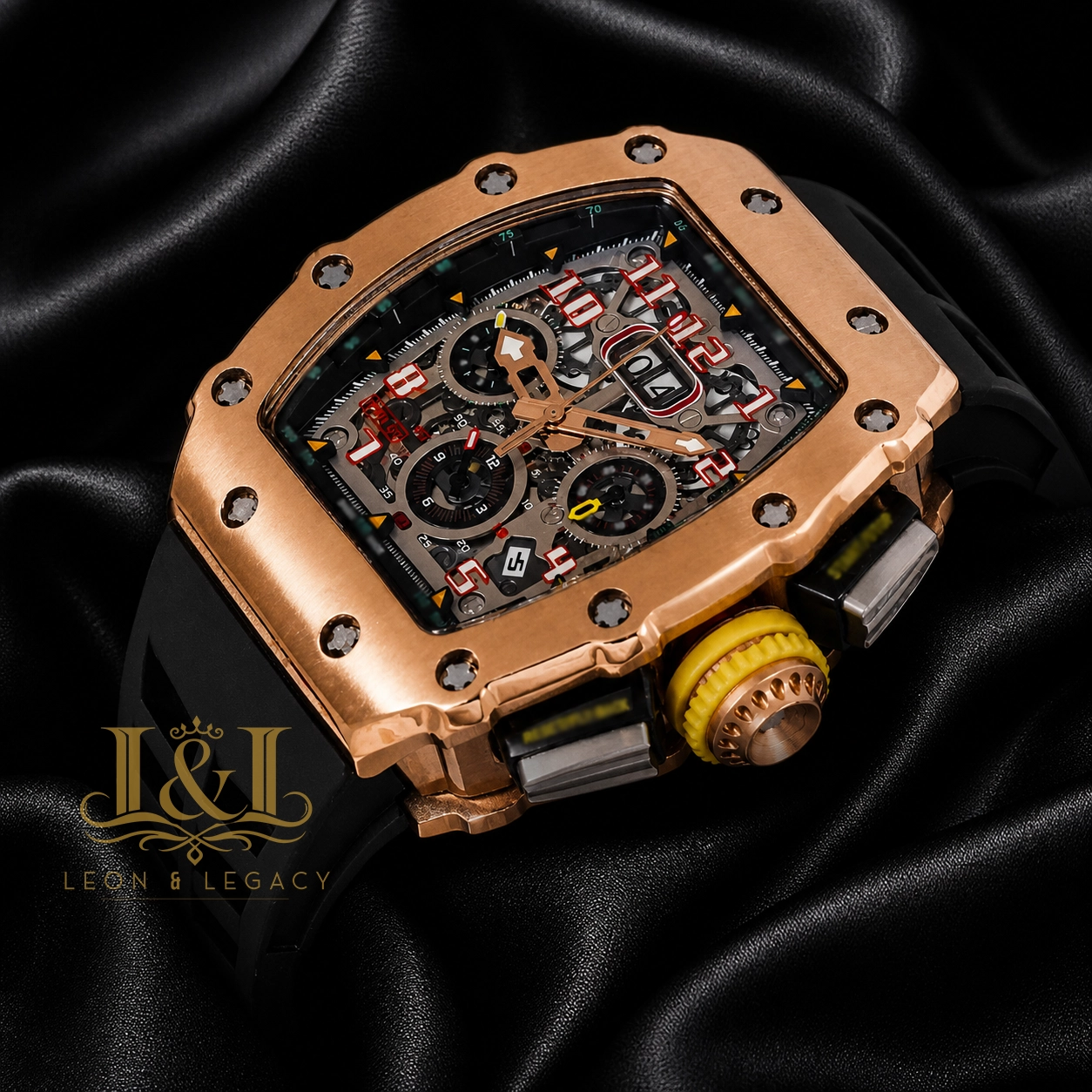 Rose Gold Chronograph Automatic Watch With Black Rubber Strap