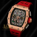 Rose Gold Chronograph Automatic Watch With Red Rubber Strap