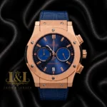Rose Gold Chronograph With Blue Dial and Leather Strap