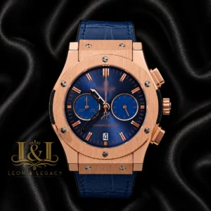 Rose Gold Chronograph With Blue Dial and Leather Strap