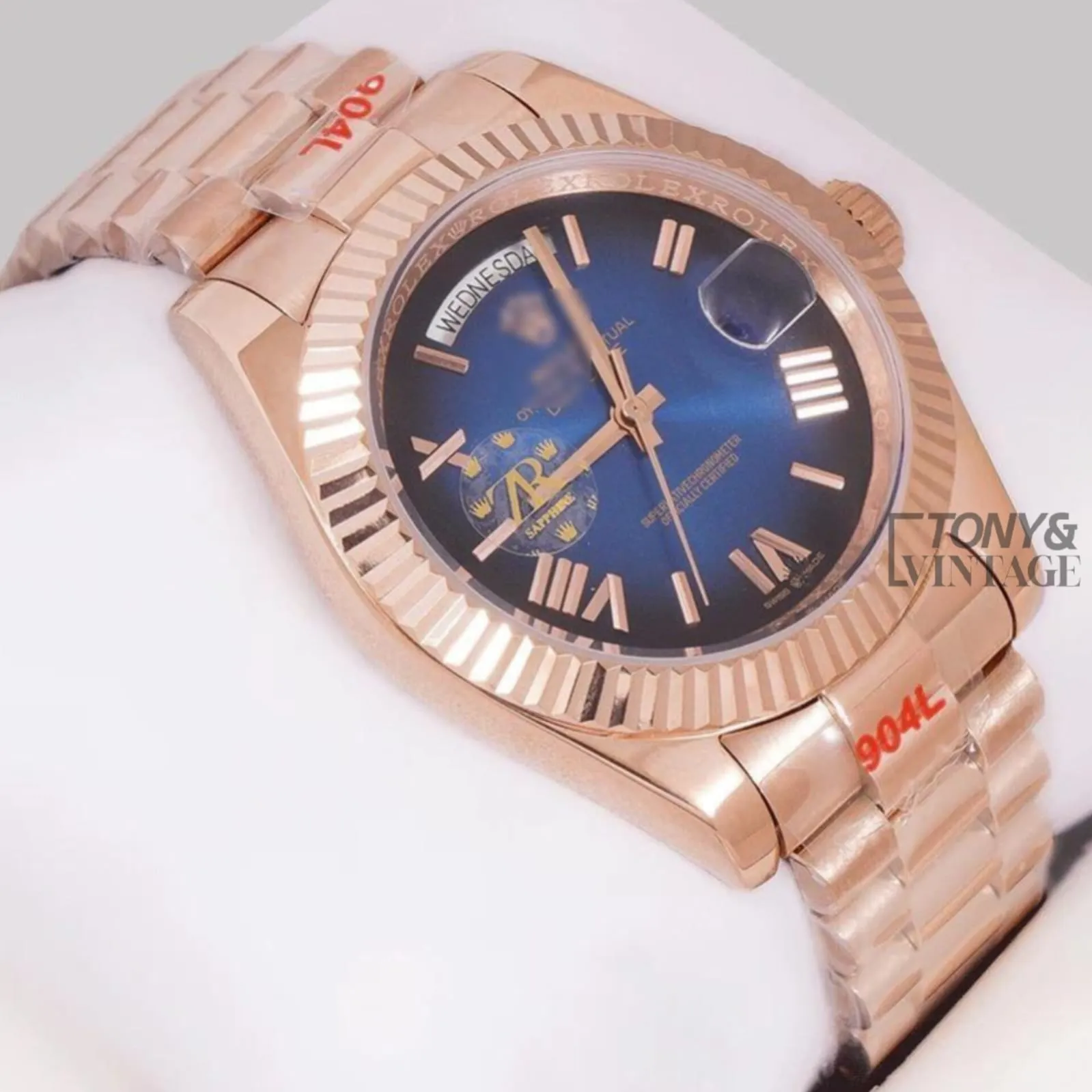 Rose Gold Dark Blue Dial & Fluted Bezel