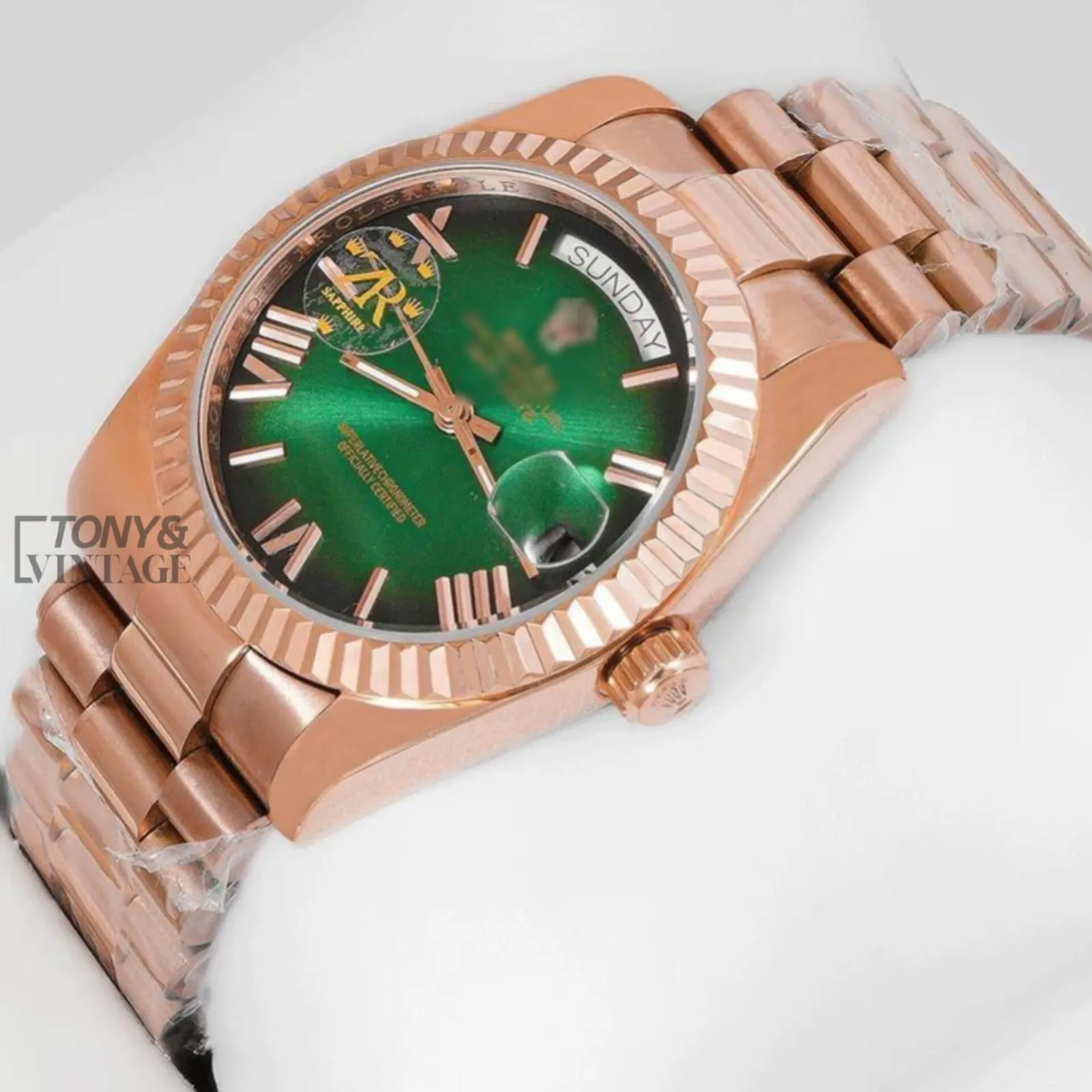 Rose Gold Green Dial Fluted Bezel