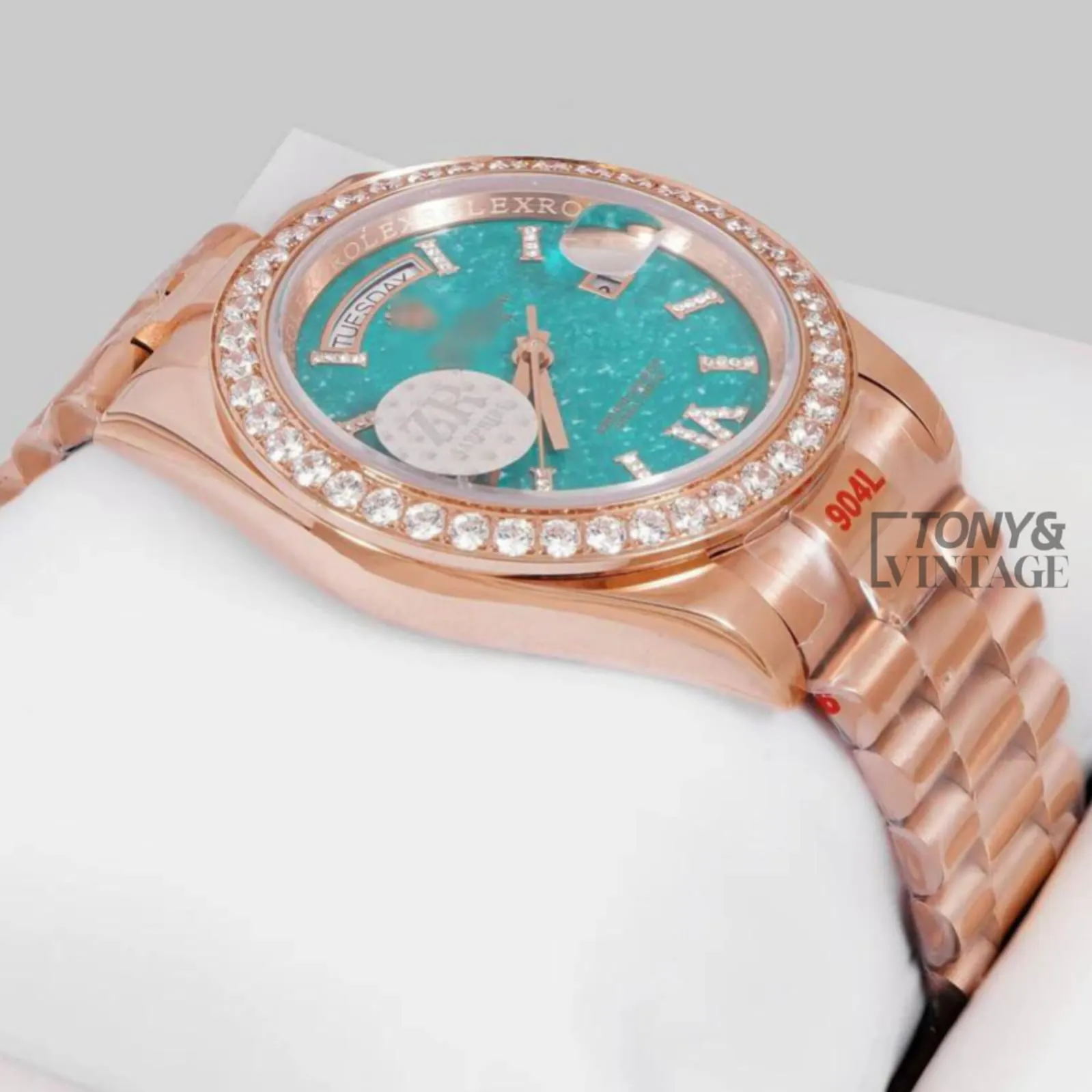 Rose Gold Ocean Blue Dial Stone Bezel Automatic Watch