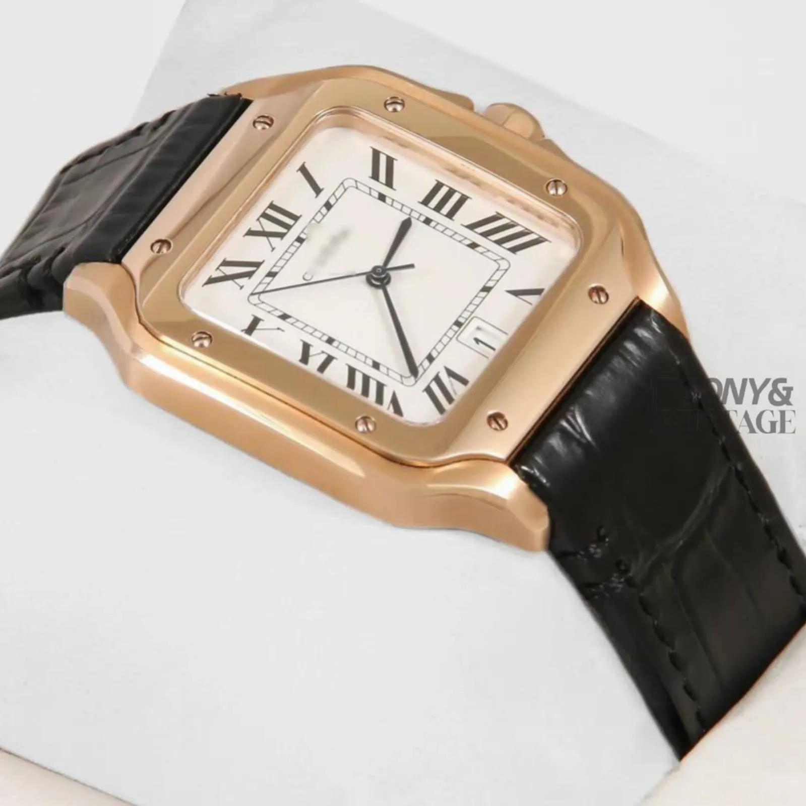 Rose Gold Watch With White Dial and Black Leather Strap