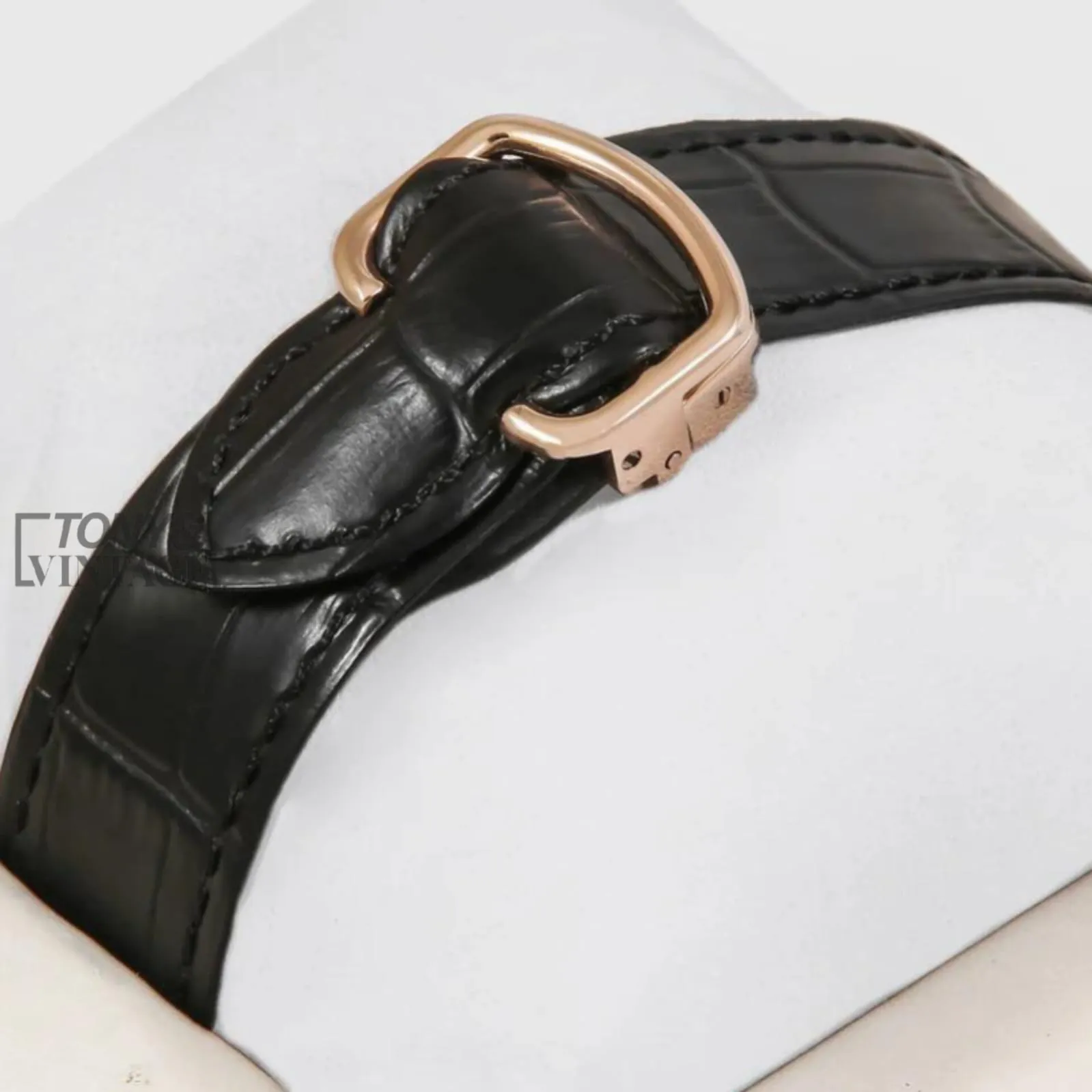Rose Gold Watch With White Dial and Black Leather Strap