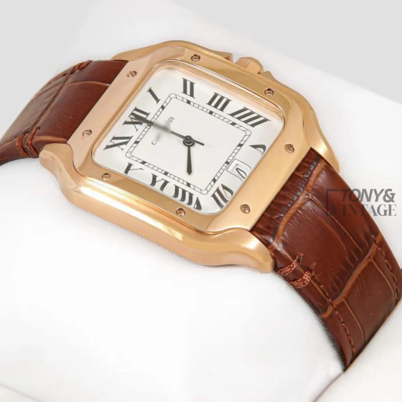 Rose Gold Watch With White Dial and Brown Leather Strap