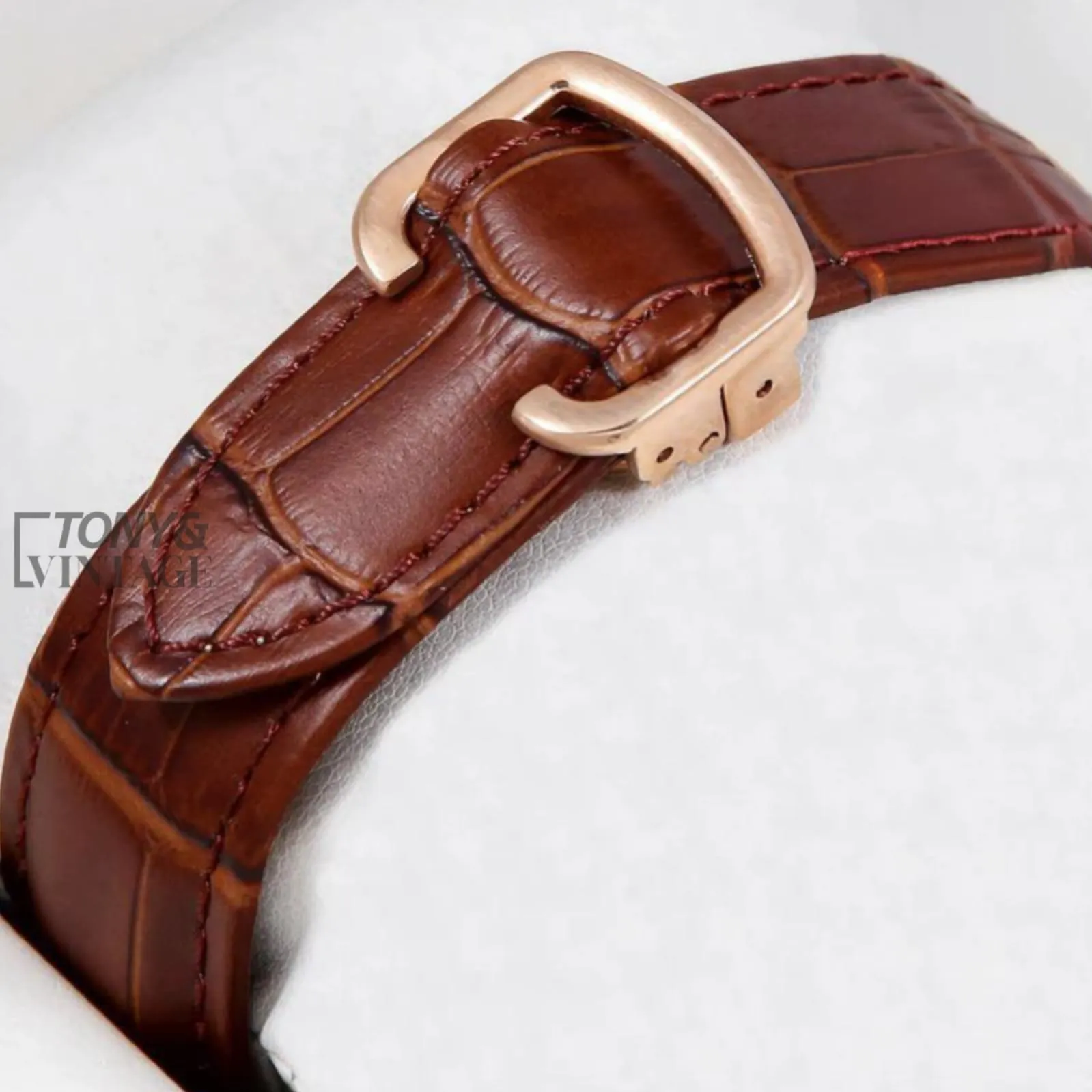 Rose Gold Watch With White Dial and Brown Leather Strap