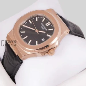 Rose Gold Watch with Black Dial and Leather Strap