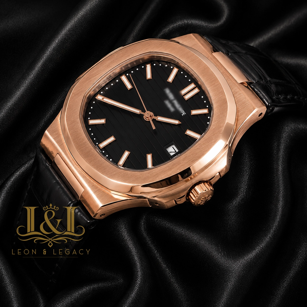 Rose Gold Watch with Black Dial and Leather Strap 1 copy