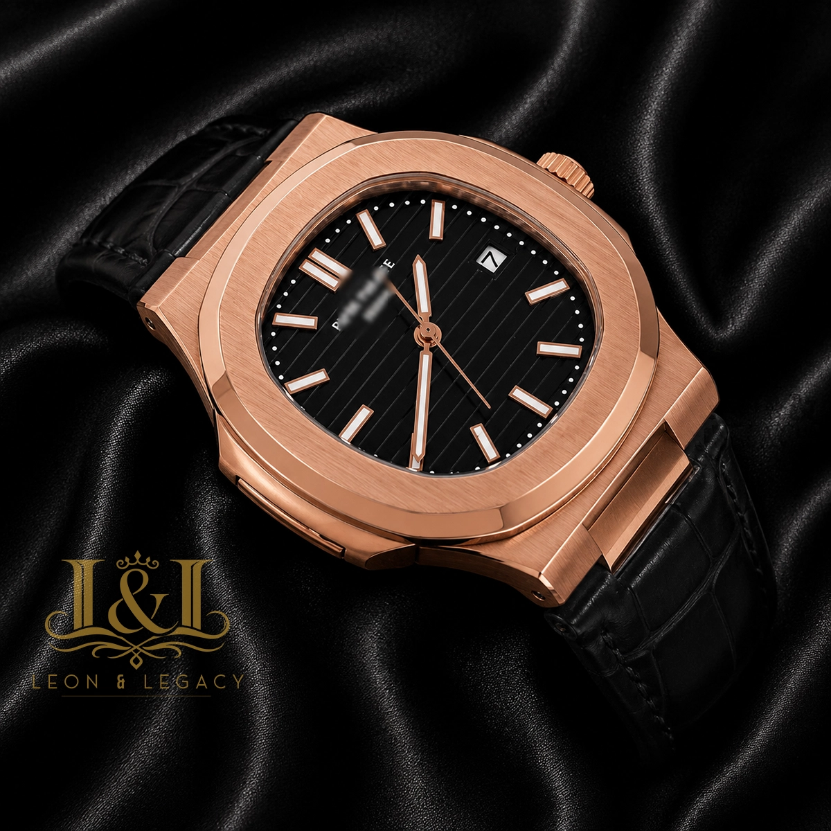Rose Gold Watch with Black Dial and Leather Strap