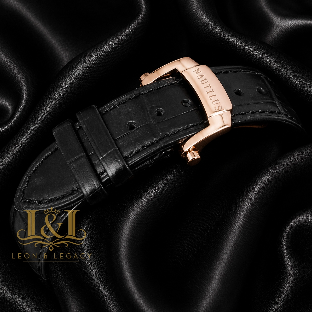 Rose Gold Watch with Black Dial and Leather Strap