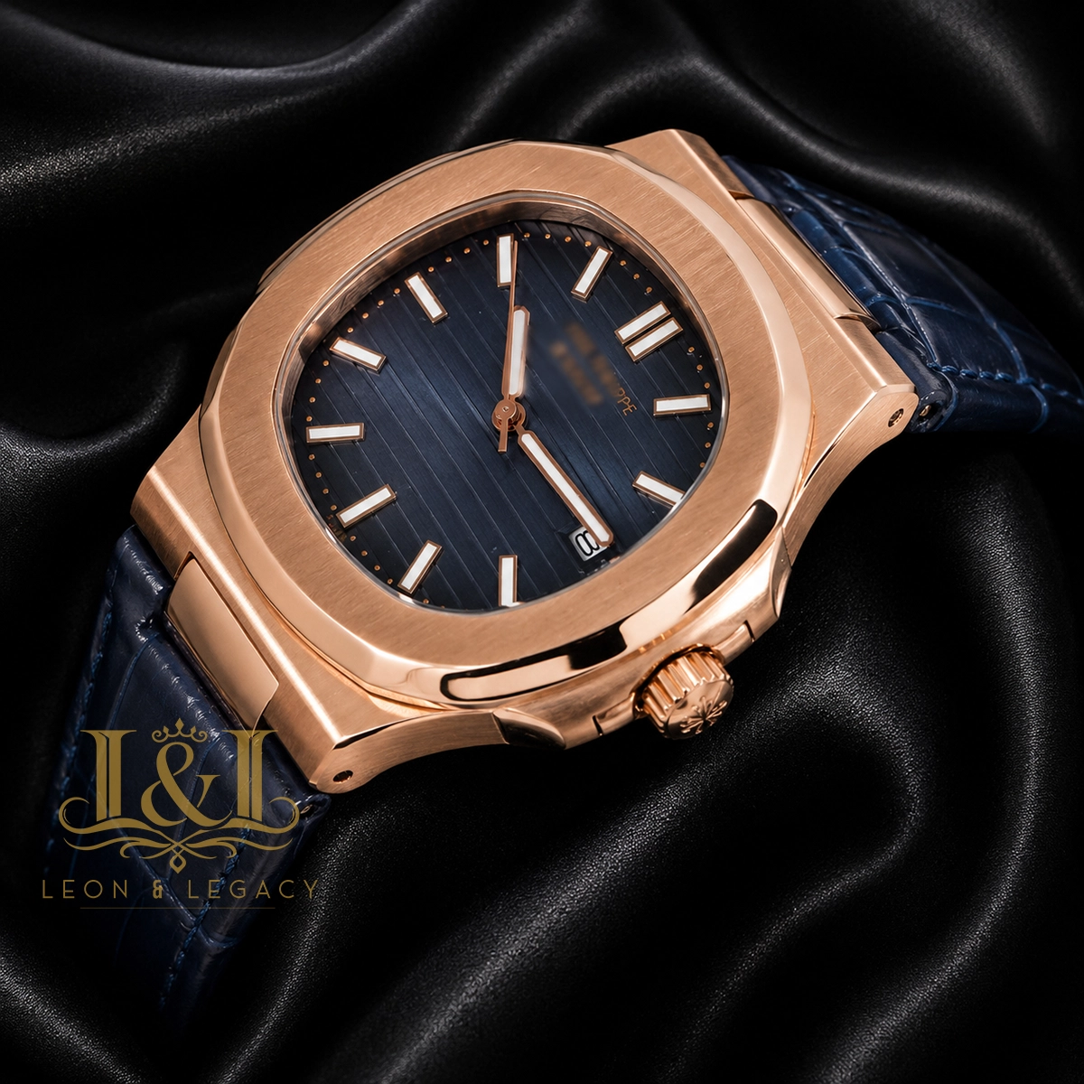 Rose Gold Watch with Blue Dial and Leather Strap 1 copy