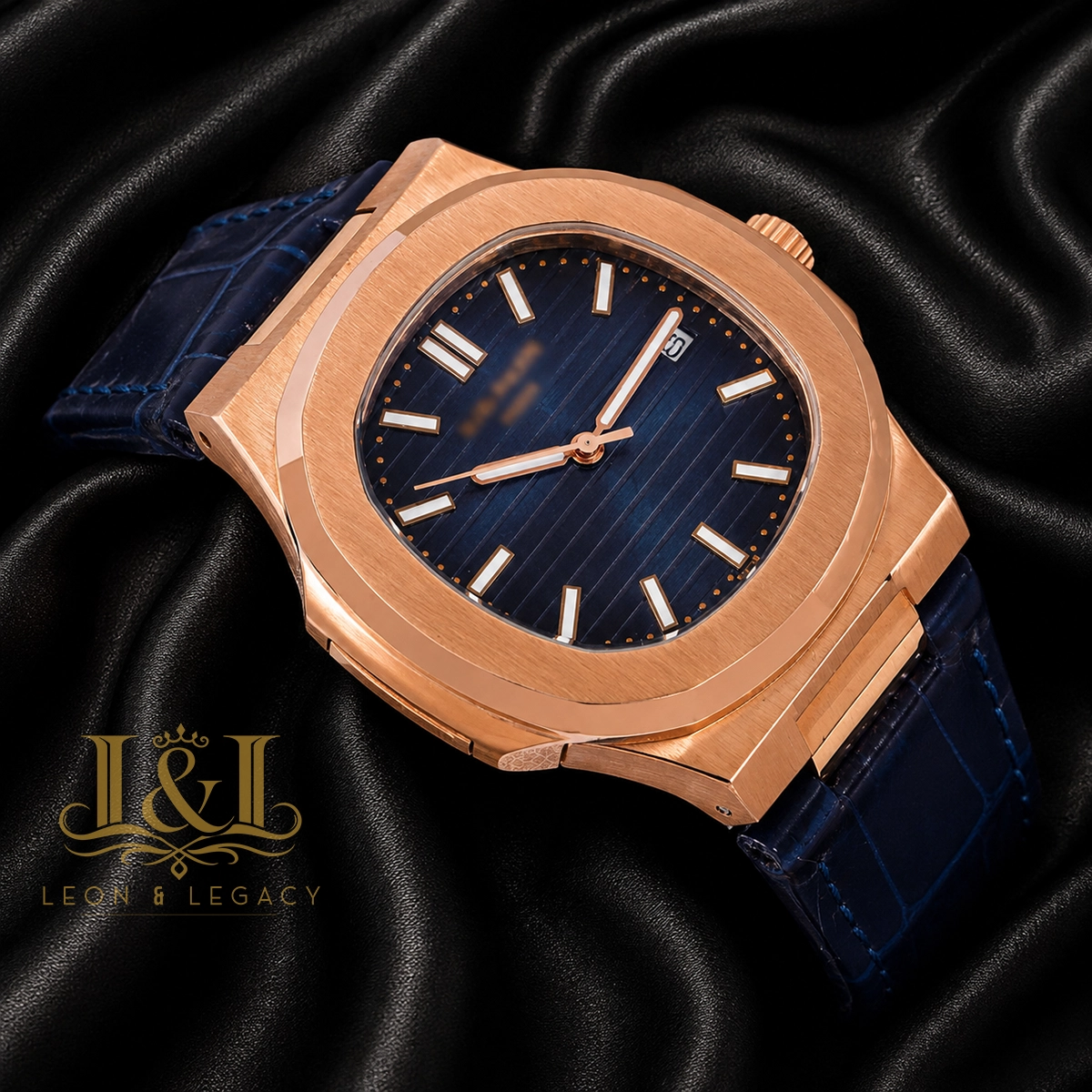 Rose Gold Watch with Blue Dial and Leather Strap
