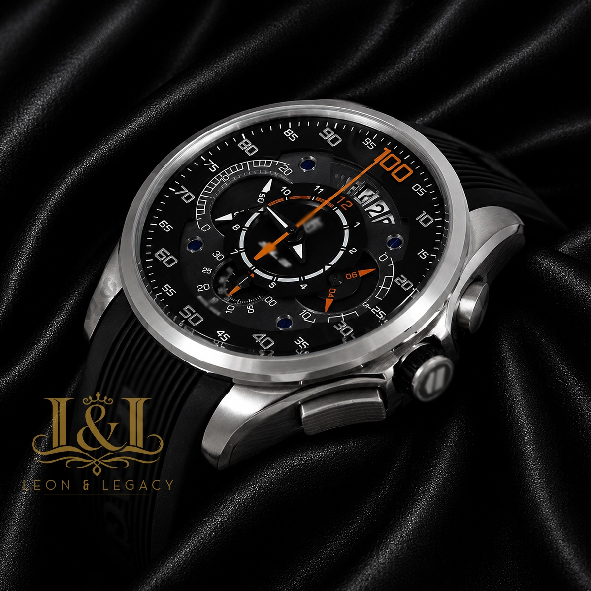 SLS Chronograph Silver Watch with Black Dial and Rubber Strap1 copy