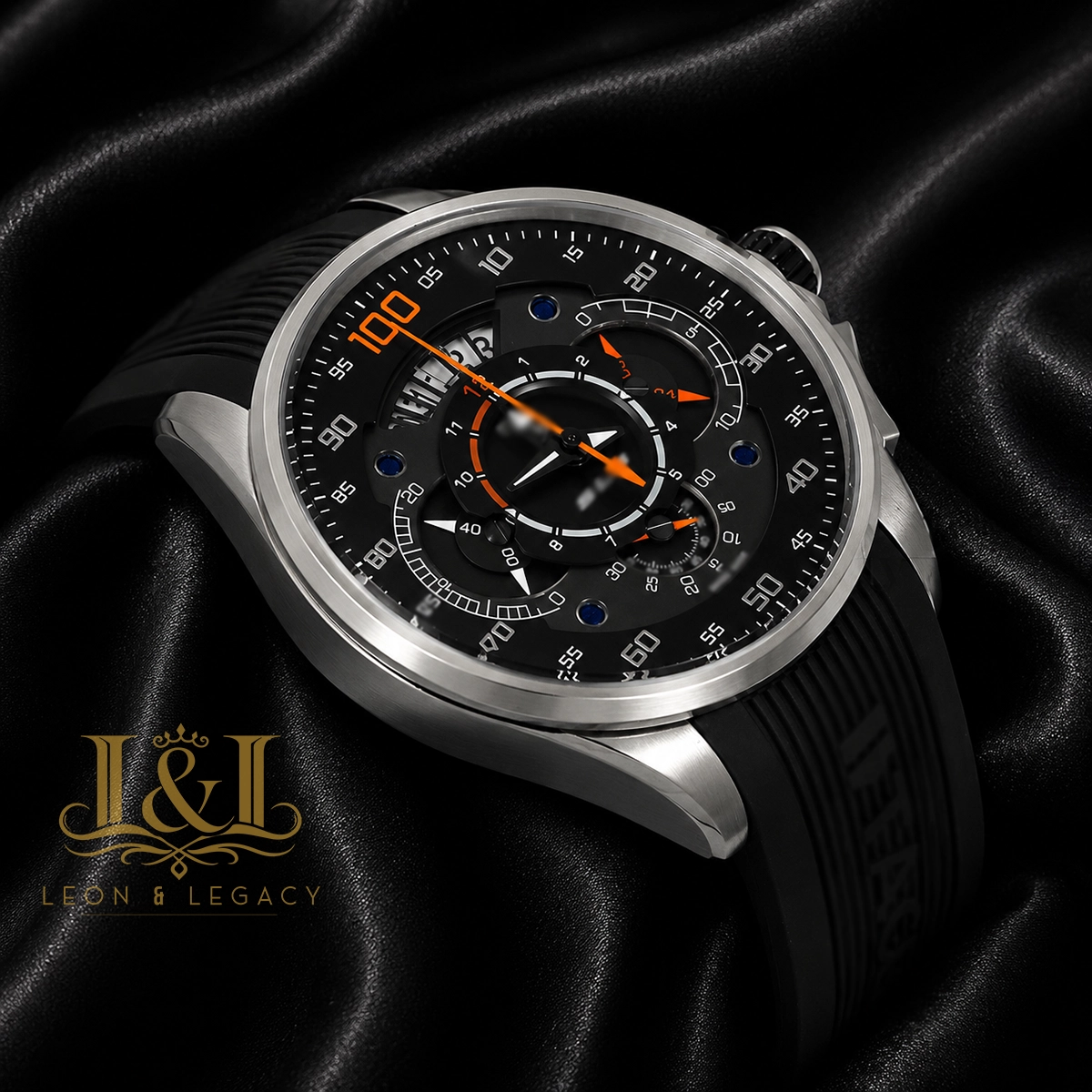 SLS Chronograph Silver Watch with Black Dial and Rubber Strap