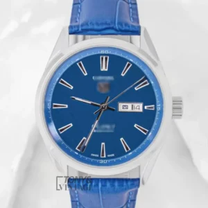Silver Automatic Watch With Blue Dial and Leather Strap