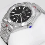 Silver Automatic Watch with Black Dial and Fluted Bezel