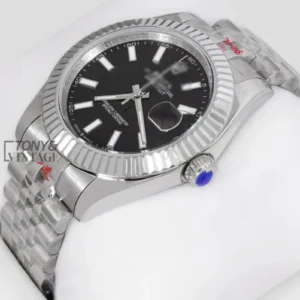 Silver Automatic Watch with Black Dial and Fluted Bezel