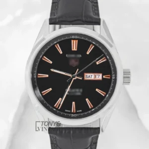 Silver Automatic Watch with Black Dial and Leather Strap