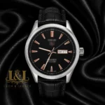 Silver Automatic Watch with Black Dial and Leather Strap
