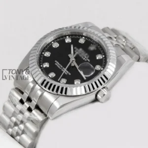 Silver Automatic Watch with Black Dial and Stone Numerals
