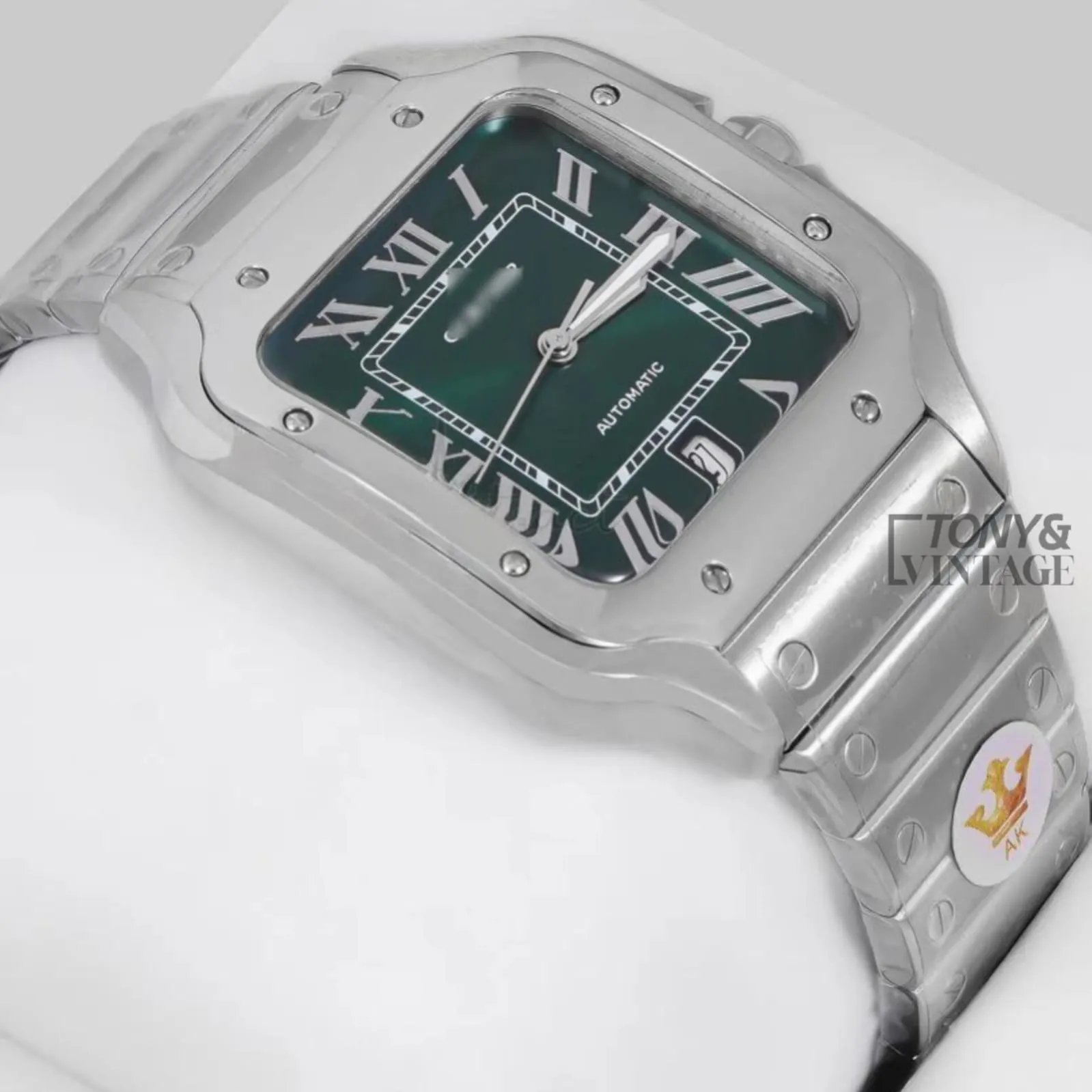 Silver Automatic Watch with Green Dial and Roman Numerals