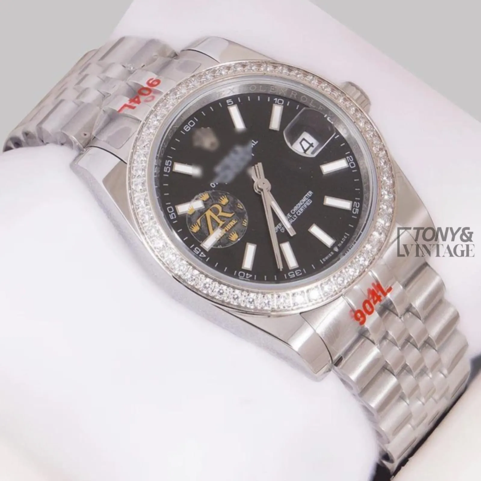 Silver Black Dial Stone Bezel & Index Automatic Watch