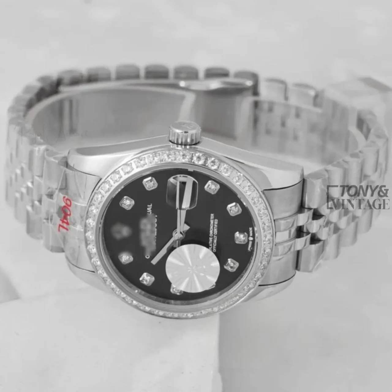 Silver Black Dial Stone Bezel & Index Automatic Watch