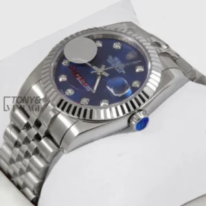 Silver Blue Dial Fluted Bezel & Stone Index Automatic Watch