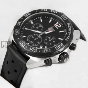 Silver Case with Black Dial, Bezel, and Black Rubber Strap Watch