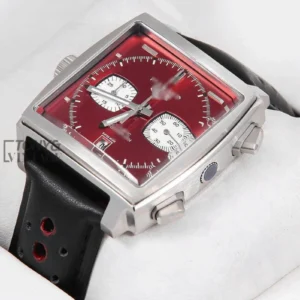 Silver Case with Red Dial & Black Leather Strap Watch