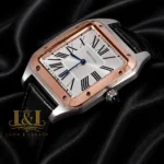 Silver Case with Rose Gold Bezel and Black Leather Strap