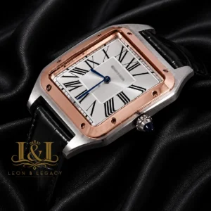 Silver Case with Rose Gold Bezel and Black Leather Strap