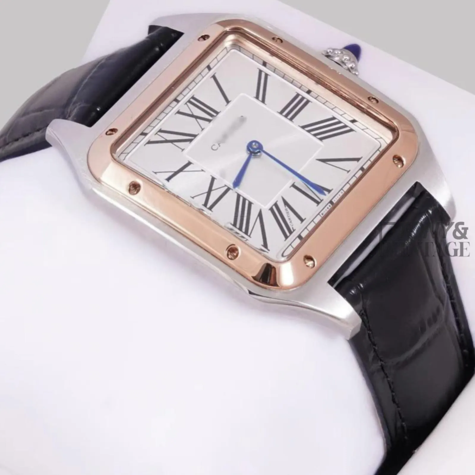 Silver Case with Rose Gold Bezel and Black Leather Strap