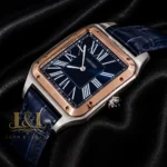 Silver Case with Rose Gold Bezel and Blue Leather Strap