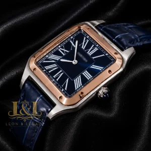 Silver Case with Rose Gold Bezel and Blue Leather Strap
